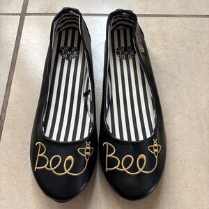 T.U.K Black Flats with Gold Bee Embroidery